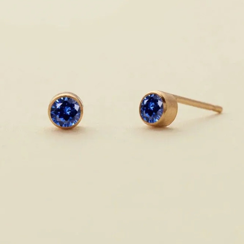 September Birthstone Stud Earrings Blue Zircon Faux Sapphire Stainless Steel 4mm